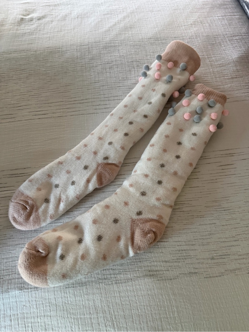 Polka Dot Knee-High Socks with Pom-Pom Accents - Beige Pink